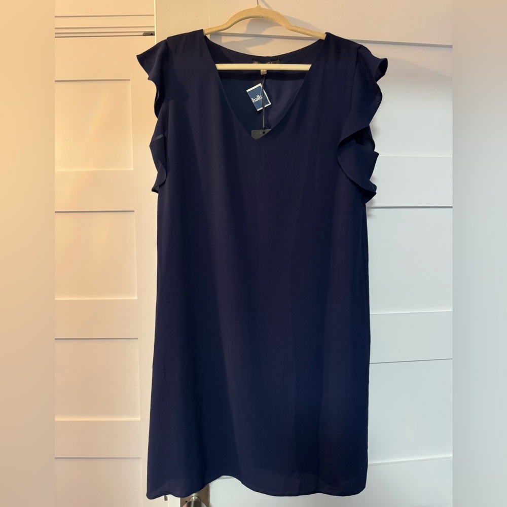 NWT - Rose & Olive Elegant Navy Blue Ruffle Sleeve Shift Dress Size L